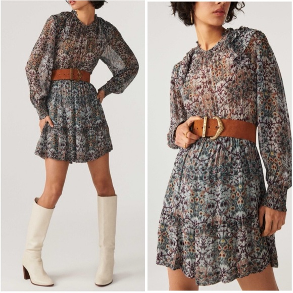 ba&sh Dresses & Skirts - NWT ba&sh Presley Floral Amande Smocked Mini Long Sleeve Dress Ruffle Size Large